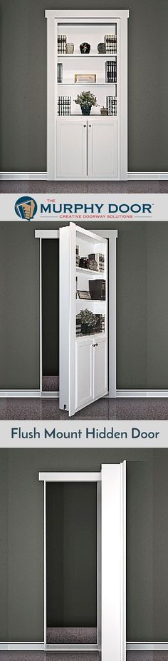 three different views of the inside of an open door and closed one with shelves on each side