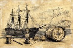 a drawing of a sailing ship next to a compass and other items on the ground