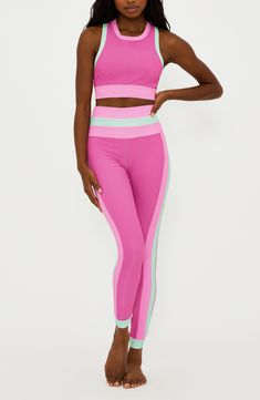 Sherbet-hued colorblock panels at the high waist and sides of these ultrasoft, ribbed second-skin leggings bring a sweet twist to a workout essential. Pull-on style 86% polyester, 14% spandex Machine wash, tumble dry Imported Sporty Color Block High Stretch Bottoms, Stretch Color Block Athleisure Bottoms, Stretch Color Block Bottoms For Athleisure, Fitted Color Block Gym Bottoms, Sporty Yoga Bottoms With Color Block, Fitted Color Block Sports Bottoms, Color Block Athleisure Bottoms For Yoga, Fitted Color Block Athleisure Bottoms, Athleisure Color Block Yoga Bottoms