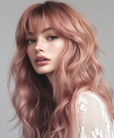 Curly hair with rose quartz pink curtain bangs, creating a soft and romantic look. Ideal for a delicate and graceful style. Pink Hair With Curtain Bangs, Pink Curtain Bangs, Rose Quartz Hair, Dusty Rose Hair, Highlights Subtle, Rose Hair Color, Pink Hair Ideas, Pink Curtain, Pink Goddess