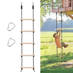 a child on a swing set with two ladders and an image of a tree house