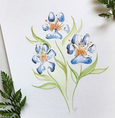 watercolor painting of blue flowers on white paper with green leaves next to the flower