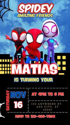 spiderman birthday party flyer with two cartoon characters on the front and back, in blue background