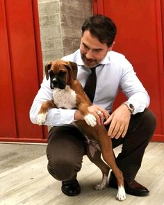 a man kneeling down holding a brown and white dog in his lap while wearing a tie