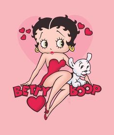 a woman in a bathing suit sitting on the back of a white dog with hearts around her