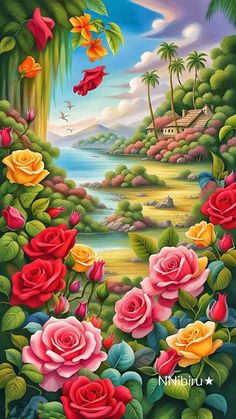 a painting of flowers and trees with the ocean in the background