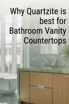 bathroom vanity with counter top and sink in front of large window that reads, why quartz is best for bathroom vanity counters?