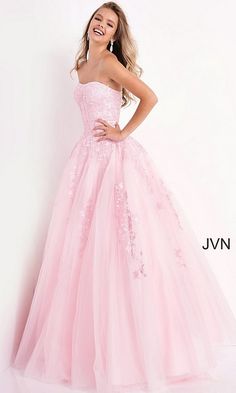 A ball gown with sophisticated flair, this JVN by Jovani strapless prom dress 1831 is fit for any formal occasion. Beautiful floral embroidered lace accents the strapless bodice and trails in delicate tendrils down the poofy tulle skirt of this designer ball gown. A gorgeous style for prom and other fancy celebrations, this embroidered-lace prom dress from JVN by Jovani offers a softly elegant look you're sure to love. Ball Gown Prom Dress, Informal Wedding Dresses, Tulle Balls, Strapless Sweetheart Neckline, Prom Ball Gown, Blue Ball, Tulle Ball Gown, Pink Prom, Cute Prom Dresses