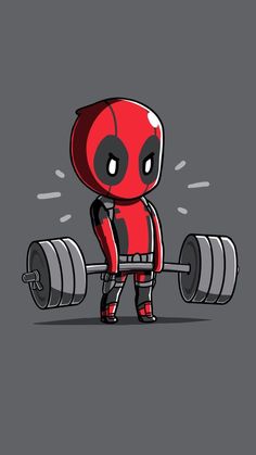 the deadpool character is holding a barbell