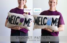 two photos of a woman holding a pillow with the words nerdy me on it