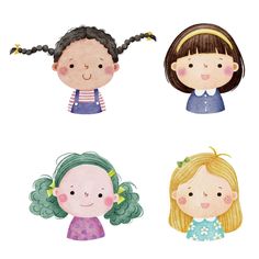 four children's faces with different hair styles and hairstyles on white background