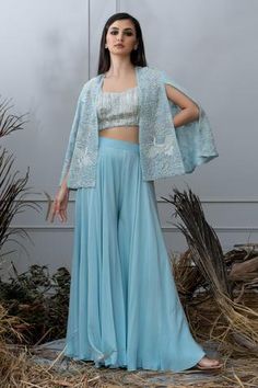 Shop for Varun Chakkilam Blue Organza Hand Embroidered Cape And Palazzo Set for Women Online at Aza Fashions Crop Top With Plazo, Varun Chakkilam, Organza Cape, Embroidered Bustier, Cape Outfit, Embroidered Cape, Blue Cape, Blue Organza, Embroidered Motifs