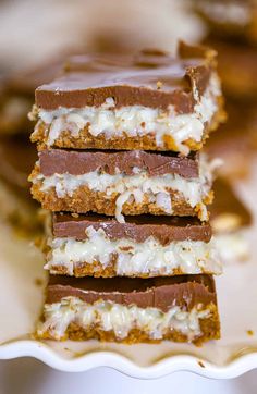 Chocolate Coconut Layered Bars - The Baking ChocolaTess Layered Bars, Chocolate Coconut Bars, Coconut Bar, Homemade Candy Bars, Candy Bar Recipe, Coconut Chocolate Bars, Coconut Filling, No Bake Recipe