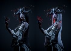 two images of a woman with long white hair and horns on her head, one is holding