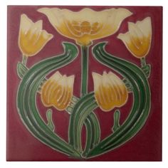 an art nouveau tile with yellow flowers and green stems on red background, in the shape of a flower