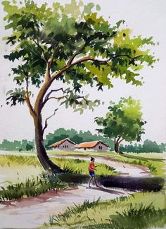 a painting of a person walking down a dirt road near a large tree and some houses