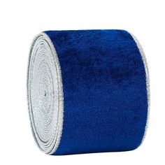 a roll of blue cloth with silver sequins on the edge and white trim