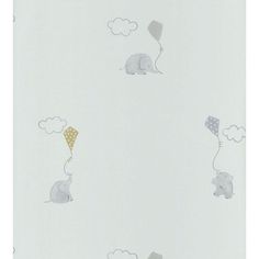 an elephant with a balloon flying in the sky on a cloud wallpaper pattern that is white and grey