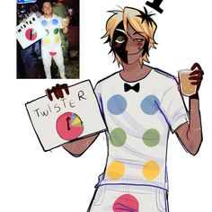 a man dressed up as a clown holding a sign with the word twister on it