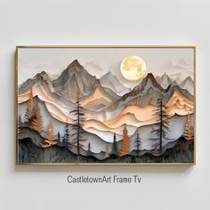 a paper cut landscape with mountains and trees under a full moon, mounted on a wall