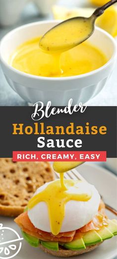 a spoon is being drizzled over a sandwich with hollandaise sauce