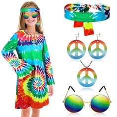 PRICES MAY VARY. 60S 70s Hippie Costume Accessories for Kids: you will receive 1 piece fancy hippie dress for girls, 1 piece hippie headband, 1 pair peace sign earrings, 1 piece peace sign necklace, 1 pair of retro sunglasses, these hippie accessories will bring you an attractive charm, make you the focus of the theme party Reliable Material: the hippie costumes for girls are made of polyester, adopting the fringe design that is attractive and stylish, suitable for girls, which are soft, skin fr 70s Dress For Kids, Hippie Multicolor Party Dresses, Multicolor Hippie Dress With Retro Print, Hippie Style Multicolor Retro Print Dress, Multicolor Retro Print Hippie Dress, Retro Multicolor Festival Dress, 60s 70s Outfits, Hippie Sunglasses, Hippie Headband