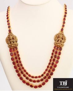 3 Row Ruby Lakshmi antique necklace Jewellery Ruby, Ruby Necklace Designs, Antique Jewelry Indian, Gold Pendant Jewelry, Wedding Jewellery Collection, Antique Gold Jewelry, Gold Jewellery Design Necklaces