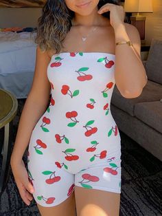 Women's Cherry Print Strapless Simple Daily Jumpsuit White   Sleeveless Knitted Fabric Fruit&Vegetable,All Over Print  Medium Stretch  Women Clothing, size features are:Bust: ,Length: ,Sleeve Length: Satin Pyjama, Mode Rose, Fitted Romper, Backless Romper, Body Sketches, Strapless Romper, Pink Lotus, Cherry Bomb, White Jumpsuit