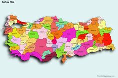 a map of turkey with all the states colored in bright colors and their capital cities