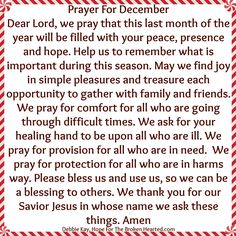 a poem written in red and white with the words prayer for december on top of it