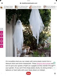 an image of two ghost decorations hanging from the side of a house with text that reads, it's incredible what you can create with some plastic skulls from a