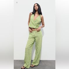 Zara 2pc Striped Pants Set Nwt Size Large Vest/Xxl Pants Pistachio Green Top 22’ Pit To Pit Pants -20’24’ Waist Cobalt Blue Pants, Olive Green Suit, Hot Pink Pants, Side Stripe Trousers, Zara Suits, Cotton Pants Women, Vest Set, Linen Blend Pants, Pink Suit