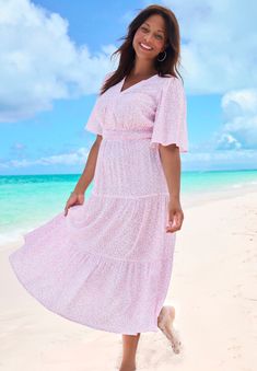 Whether at the beach, on vacation or just enjoying a warm summer day, this dress is the perfect go-to pick. Designed with three rows of tiers for a Occasion Dresses Wedding, Surplice Neckline, Tunic Tank Tops, Woman Within, Swimsuits For All, Career Dress, Swimsuit Cover Ups, Beach Days, Summer Day