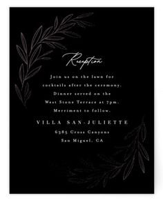 a black and white wedding card with an olive branch design on the front, in silver foil