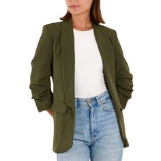 Rubie Shawl Collar Blazer Ruched Sleeve Khaki Green - Sugarplum Boutique Shawl Collar Blazer, Khaki Blazer, Stylish Blazer, Ruched Sleeve, Green Blazer, Shirt Blouses Tops, Black Evening Dresses, Stylish Outfit, Knitted Poncho