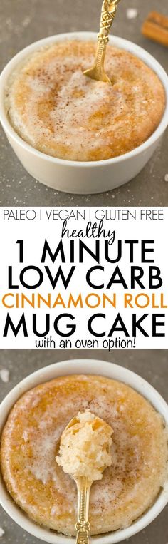 two images showing how to make low carb cinnamon roll mug cake with an oven option