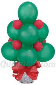 a bunch of green balloons with red bows tied around the top on a white background