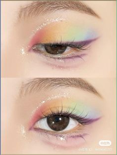 #eyes #eyeshadow #eyebrows #eyeliner #eyelashes #eyewear #eyeshadowtutorial #glitter #glittermakeup #follow #follow4follow #followforfollowback #followback #pinterest #pinterestinspired #makeup #makeuptutorial #makeupoftheday #makeuplover #makeupideas #ulzzang #ulzzangstyle #ulzzangfashion #korean #koreanmakeup #koreanstyle #aesthetic #aesthetictumblr #aestheticstyle #pretty #rainbow Subtle Rainbow Eyeshadow, Soft Pastel Eye Makeup, Colourful Douyin Makeup, Simple Rainbow Makeup, Pastel Rainbow Makeup, Kawaii Eyeshadow, Rainbow Glitter Makeup, Rainbow Eyeshadow Looks, Kidcore Makeup