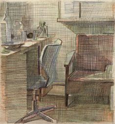 a drawing of a chair and desk in a room