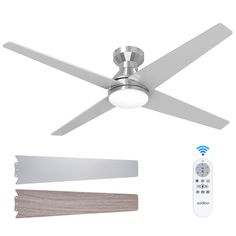 a ceiling fan with remote control and two different shades of wood in front of it