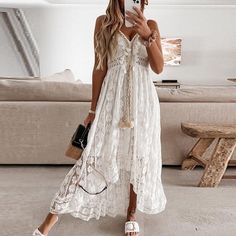 Our Eileen Boho Maxi Dress is such a flirty fun empire waist Midi dress with swinging tassels and an A-line silhouette. A good day-to-night casual option. Bohemian Dresses Long, Boho Chique, Hippie Stil, 파티 드레스, Cami Maxi Dress, Summer Lace, Lace Slip Dress, Solid Color Dress, Maxi Robes