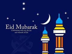 the eid mubarak logo is shown on a blue background with stars and crescents