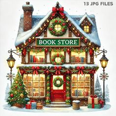 a book store with christmas decorations and lights on the front door, surrounded by snow