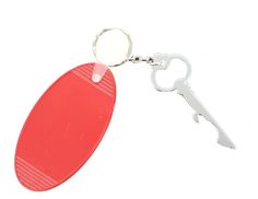 a red oval shaped keychain with a silver metal hook attached to it's side