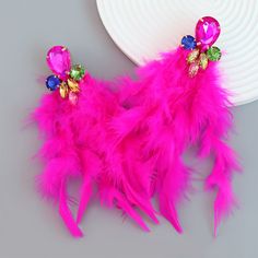 Gender: Women
Material: Feather
Color: Hot Pink
Earring Studs Materials: Stainless Steel
Size：6.2*1.6in Cherry Pearl, Pink Earring, Hot Pink Earrings, Xmas Dress, Pink Stud Earrings, Rose Gold Heart, Colorful Feathers, Earring Studs, Zirconia Earrings