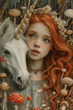 a painting of a girl with red hair and a unicorn's head next to mushrooms