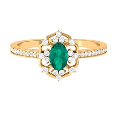 Vintage Style Emerald and Diamond Flower Engagement Ring Emerald - ( AAA ) - Quality - Rosec Jewels Flower Engagement, Floral Engagement Ring, Flower Engagement Ring, Diamond Flower, Emerald Engagement Ring, Emerald Gemstone, Conflict Free Diamonds, Diamond Stone, Brilliant Cut Diamond