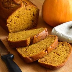 slices of pumpkin bread sitting on top of a cutting board