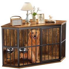 a golden retriever dog sitting in a caged sideboard with an open door