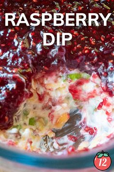 raspberry dip in a blue bowl with text overlay